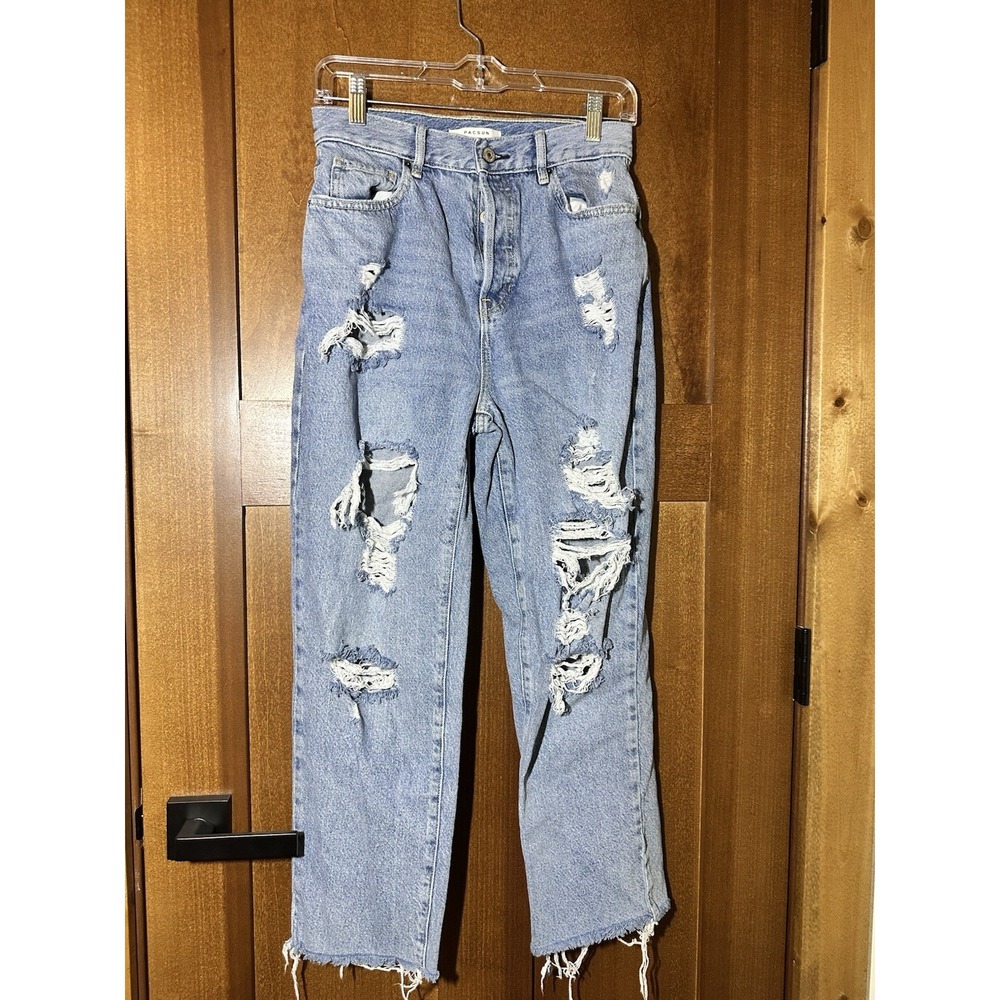PacSun High Rise Straight Jeans Womens 27 Blue Distressed Raw Hem Mom Denim